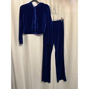 SHEIN Teen Velvet Blue Hoodie & Pant Set With Rhinestone "Change" Design